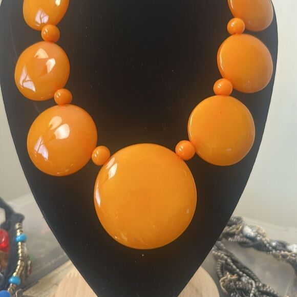 Vintage Lrg Bold Butterscotch Galalith Circle Art Deco French Statement Necklace - Picture 3 of 4